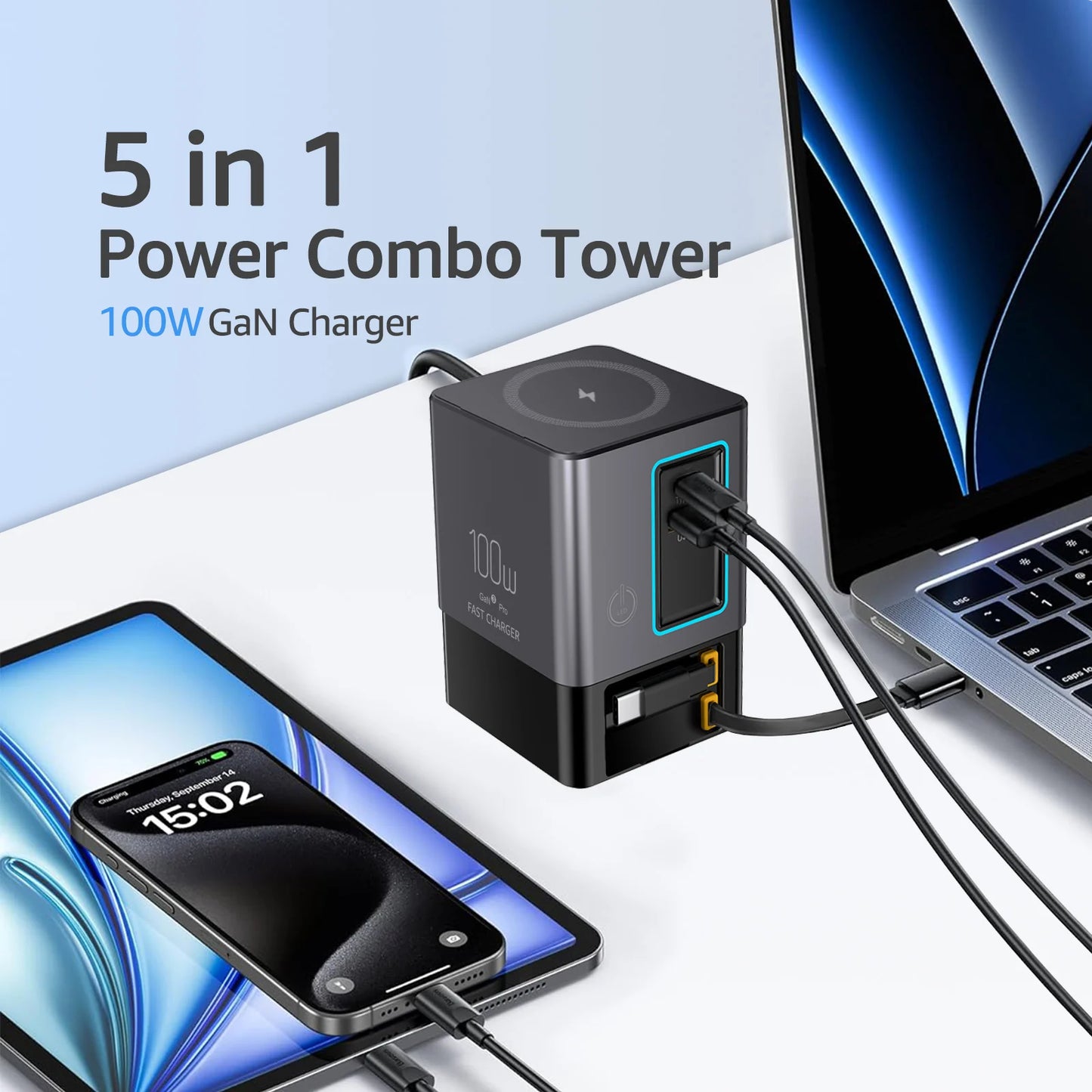 5-in-1 100W Charging Station with Retractable USB-C Cable Power Combo Tower for Multiple Devices Fast Charger for iPhone, Airpod