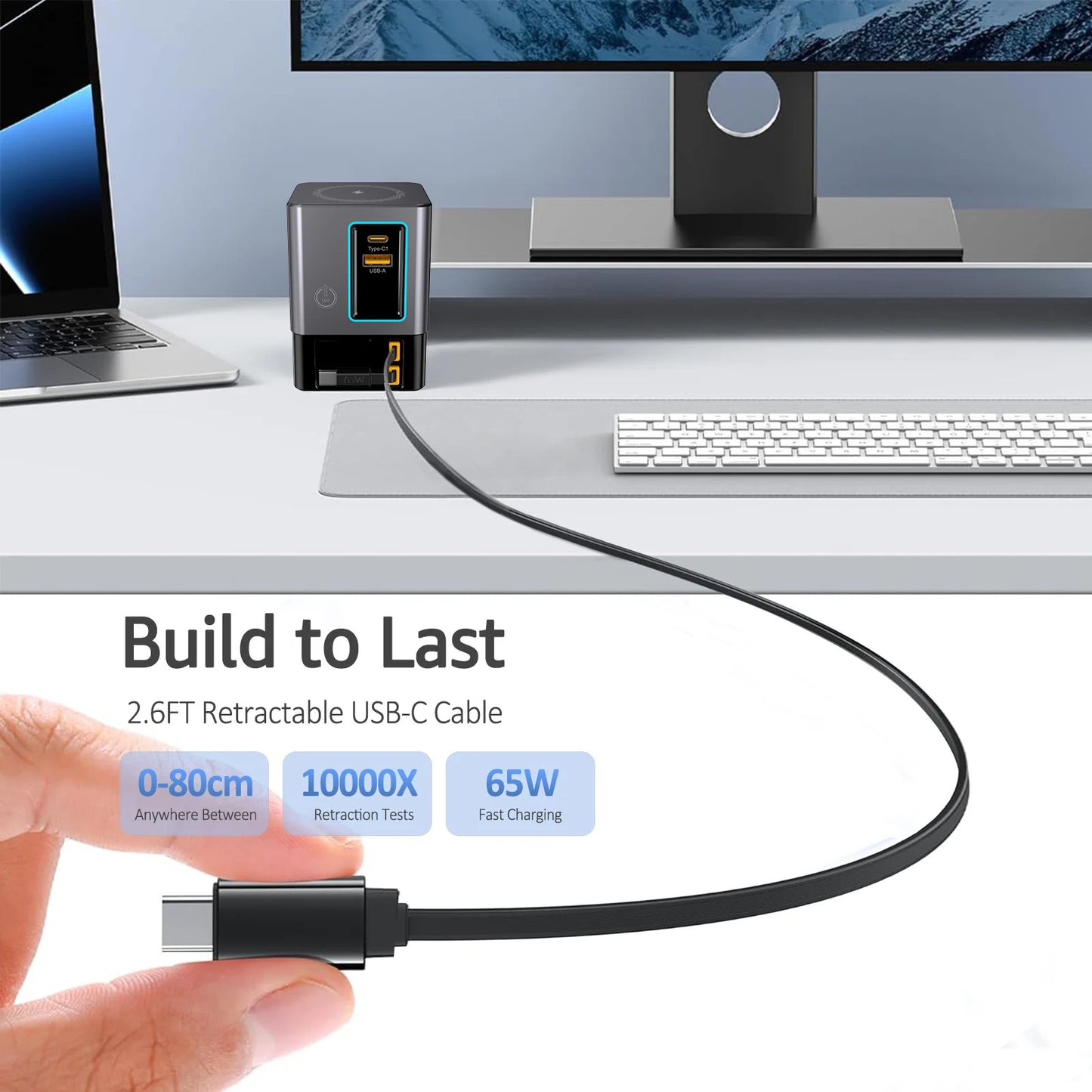 5-in-1 100W Charging Station with Retractable USB-C Cable Power Combo Tower for Multiple Devices Fast Charger for iPhone, Airpod