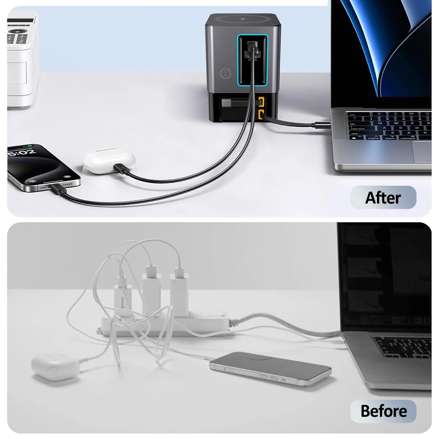 5-in-1 100W Charging Station with Retractable USB-C Cable Power Combo Tower for Multiple Devices Fast Charger for iPhone, Airpod